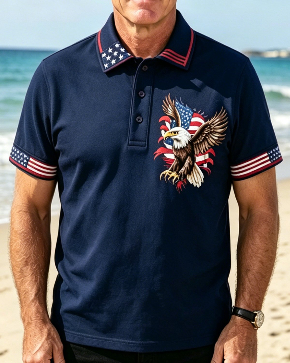Alohadaddy® Men's Vintage USA Patriotic Bald Eagle American Flag Artistic Graphic Print Short Sleeve Polo Shirt