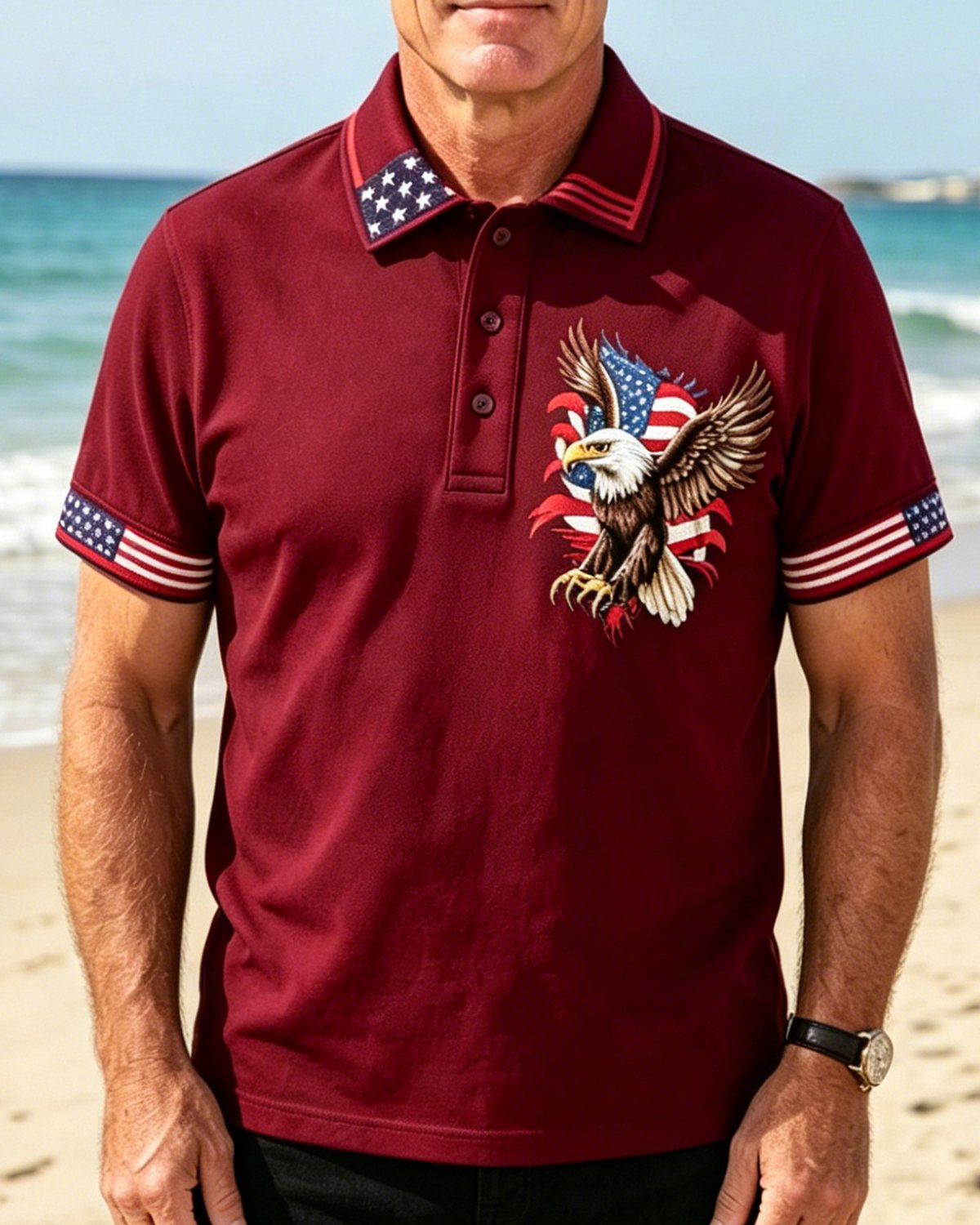 Alohadaddy® Men's Vintage USA Patriotic Bald Eagle American Flag Artistic Graphic Print Short Sleeve Polo Shirt