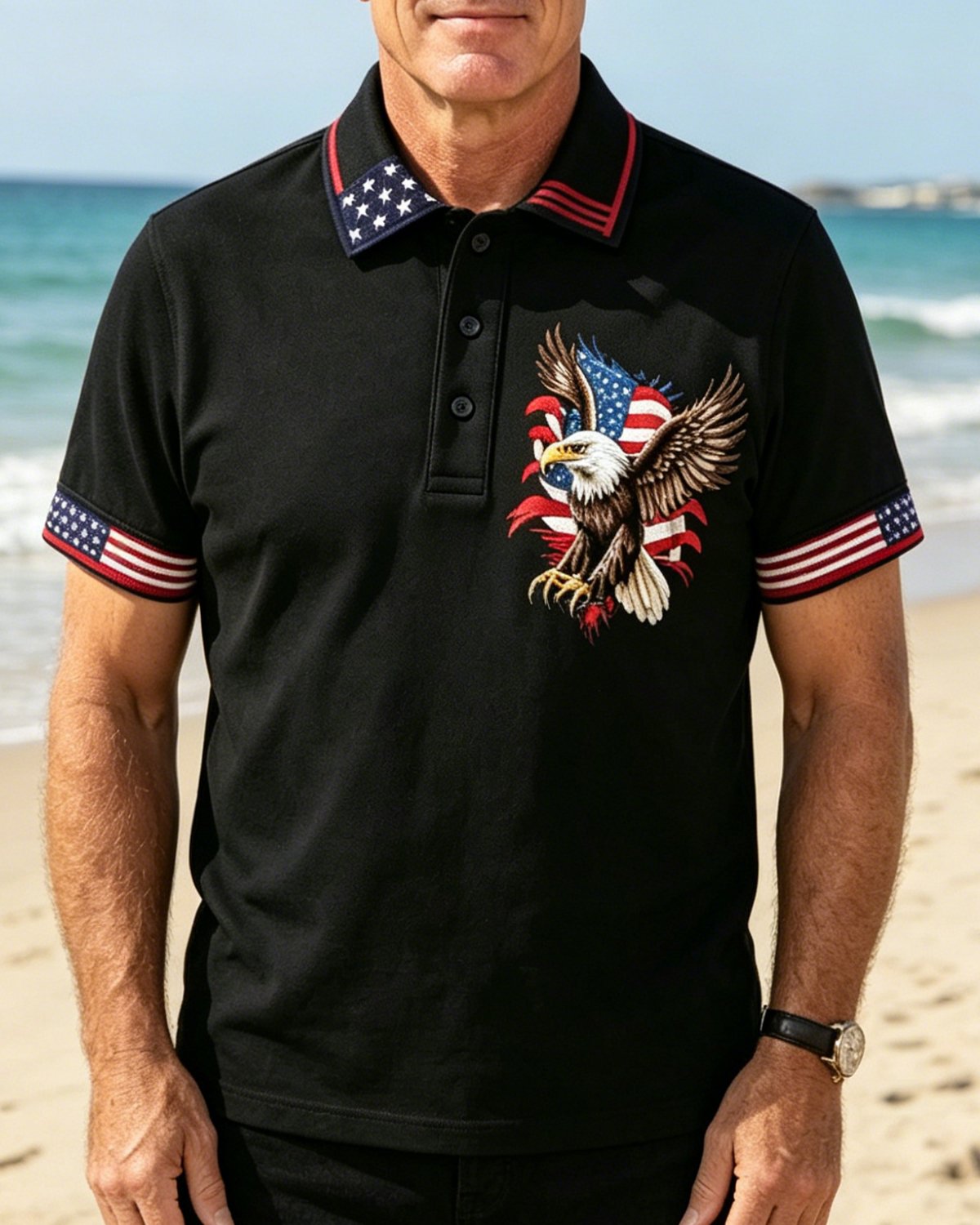 Alohadaddy® Men's Vintage USA Patriotic Bald Eagle American Flag Artistic Graphic Print Short Sleeve Polo Shirt