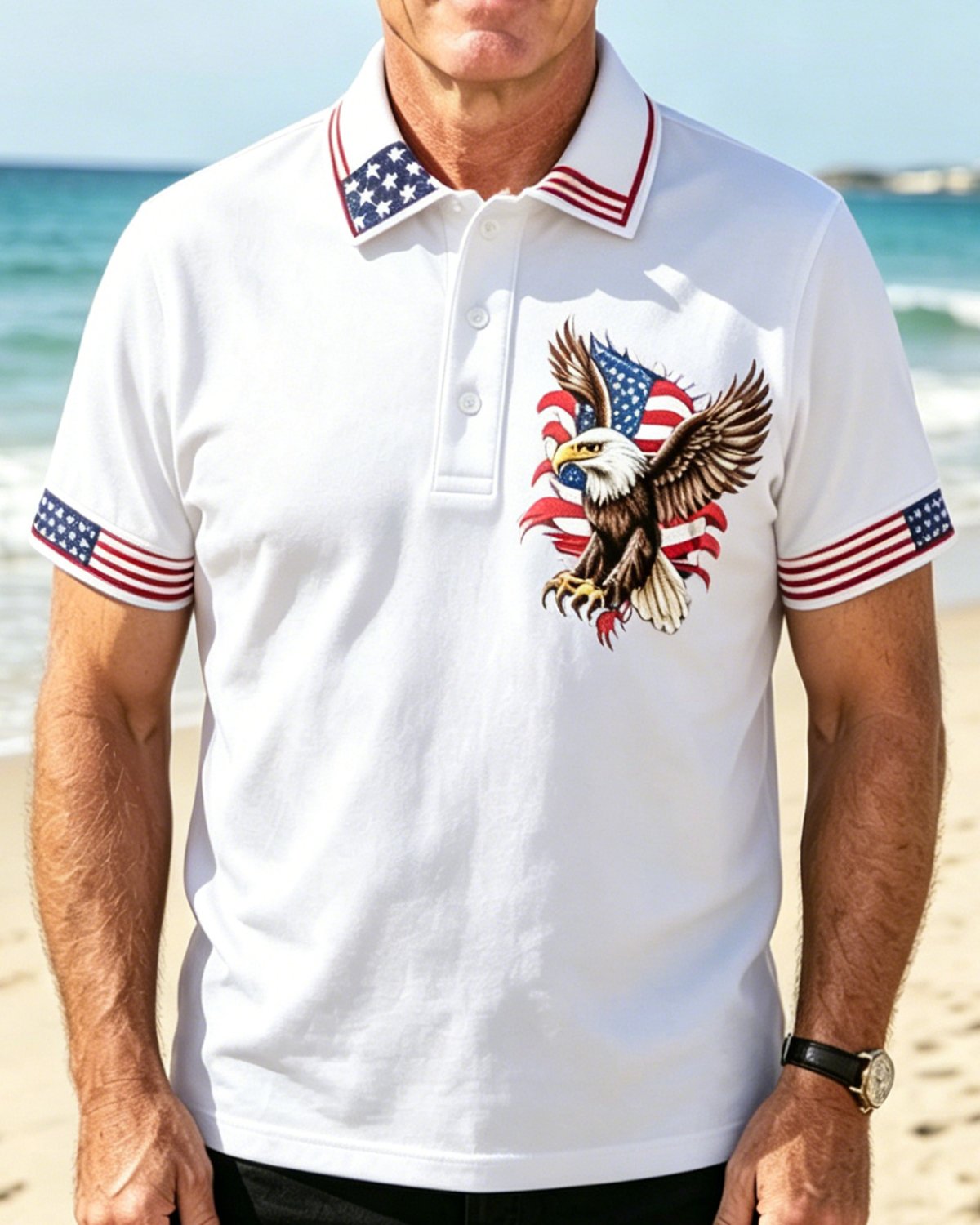 Alohadaddy® Men's Vintage USA Patriotic Bald Eagle American Flag Artistic Graphic Print Short Sleeve Polo Shirt