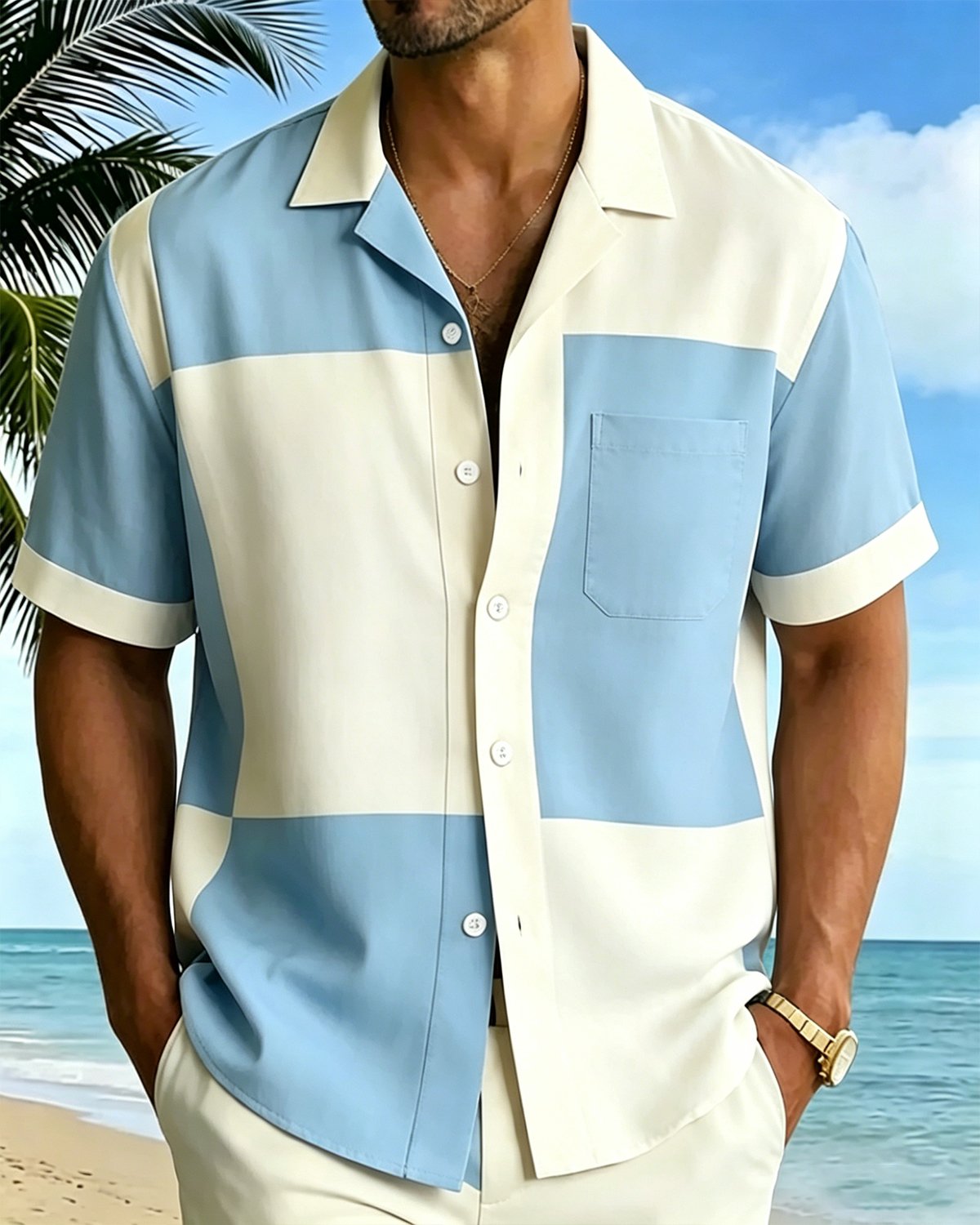 Alohadaddy® Men's Vintage Retro Color Block Geometric Patchwork Mod Style Summer Beach Button-Down Short-Sleeve Shirt