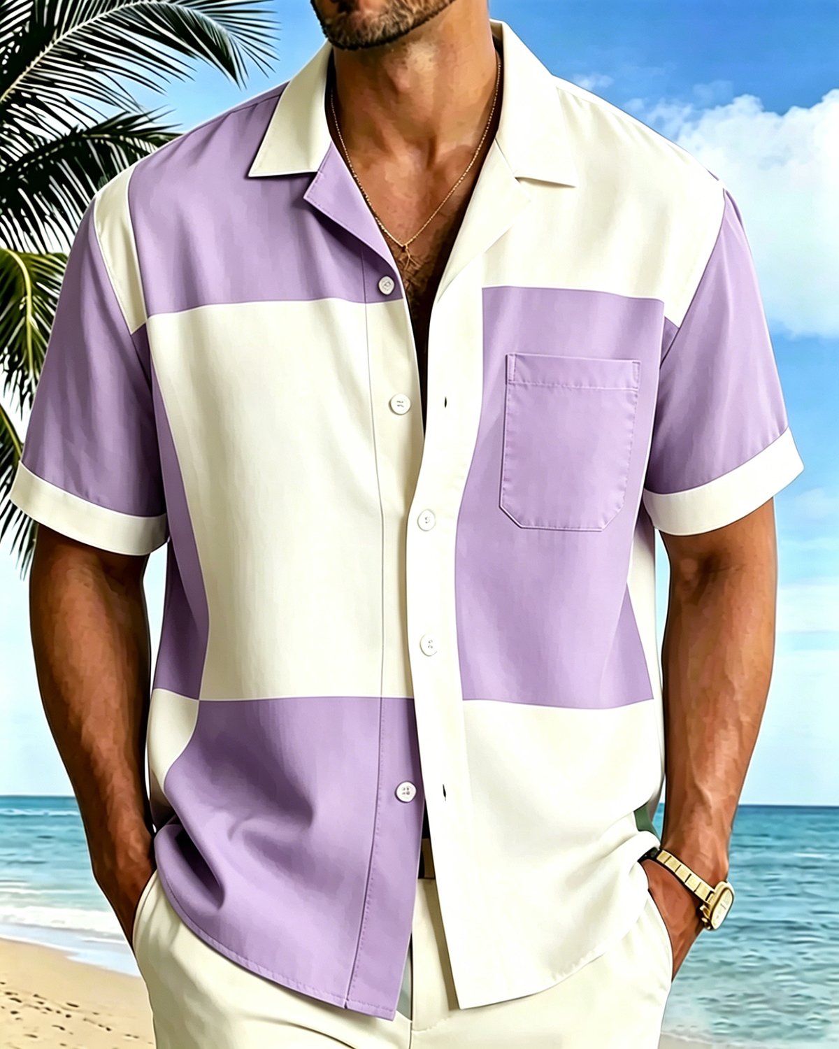 Alohadaddy® Men's Vintage Retro Color Block Geometric Patchwork Mod Style Summer Beach Button-Down Short-Sleeve Shirt