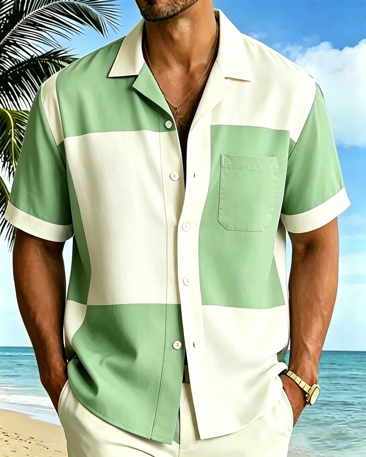 Alohadaddy® Men's Vintage Retro Color Block Geometric Patchwork Mod Style Summer Beach Button-Down Short-Sleeve Shirt