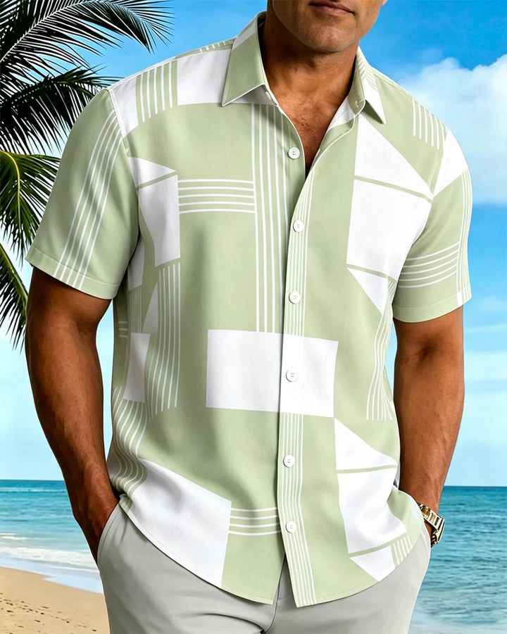 Alohadaddy® Basic Geometric Color-Block Retro Short-Sleeve Button-Down Shirt