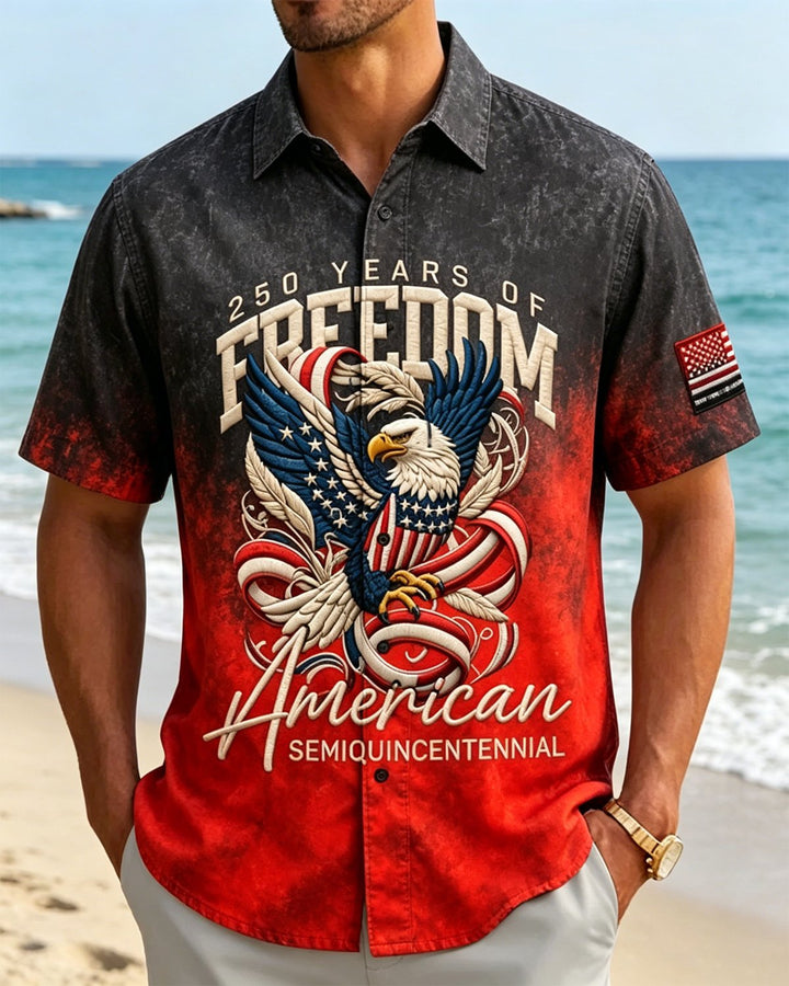 Alohadaddy® Holiday USA 250th Years Freedom Semiquincentennial Print Retro Button Down Short-Sleeve Shirt