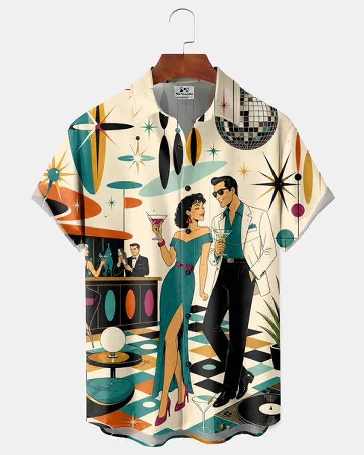 Alohadaddy® Retro Mid-Century Modern Geometric Atomic Cocktail Short-Sleeve Shirt