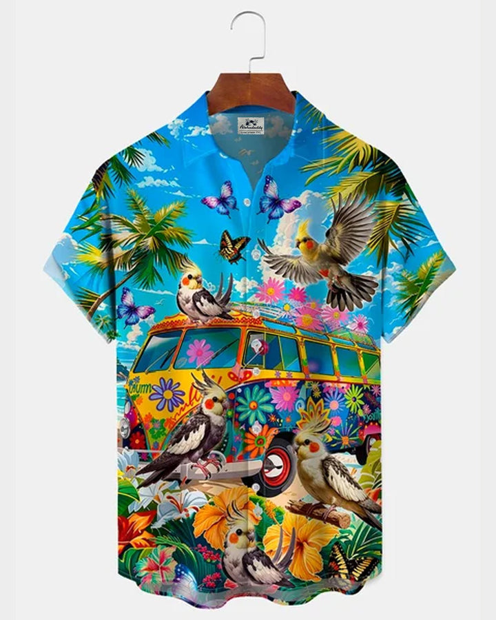 Alohadaddy® Hawaiian Parrot Coconut Tree Tropical Floral Short-Sleeve Shirt