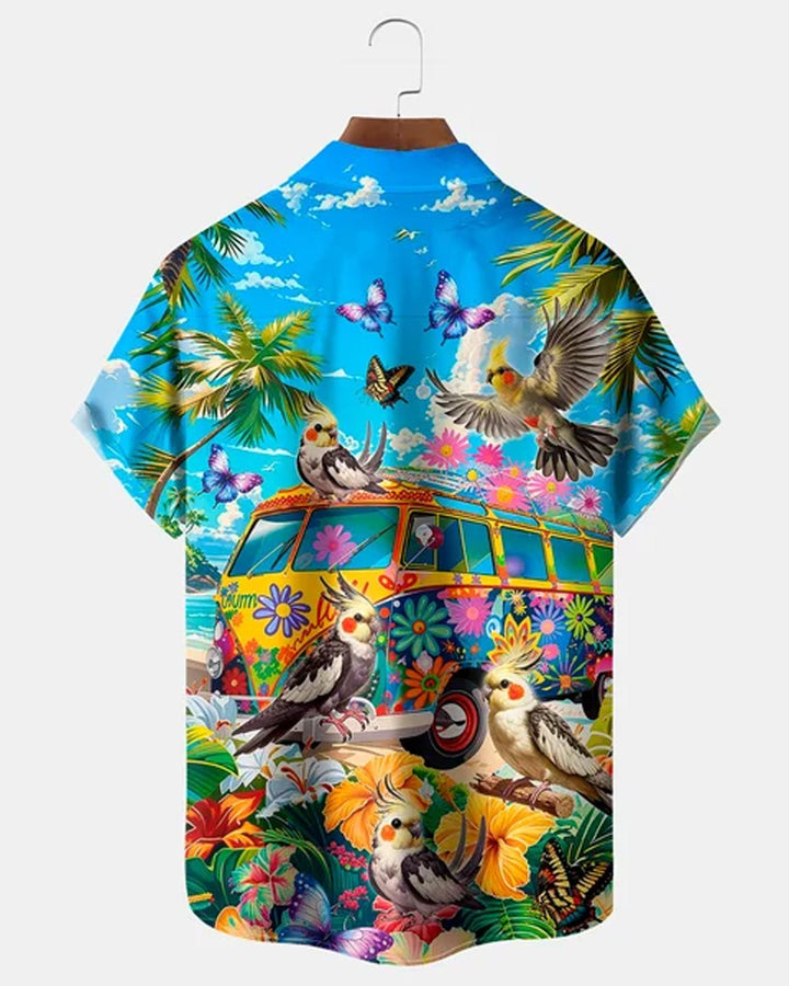 Alohadaddy® Hawaiian Parrot Coconut Tree Tropical Floral Short-Sleeve Shirt