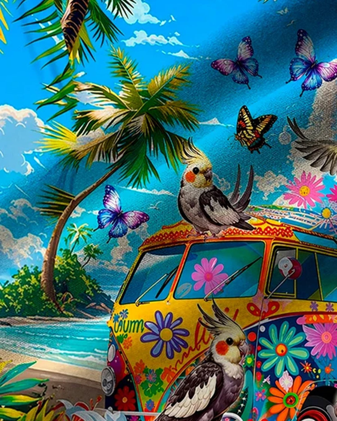 Alohadaddy® Hawaiian Parrot Coconut Tree Tropical Floral Short-Sleeve Shirt