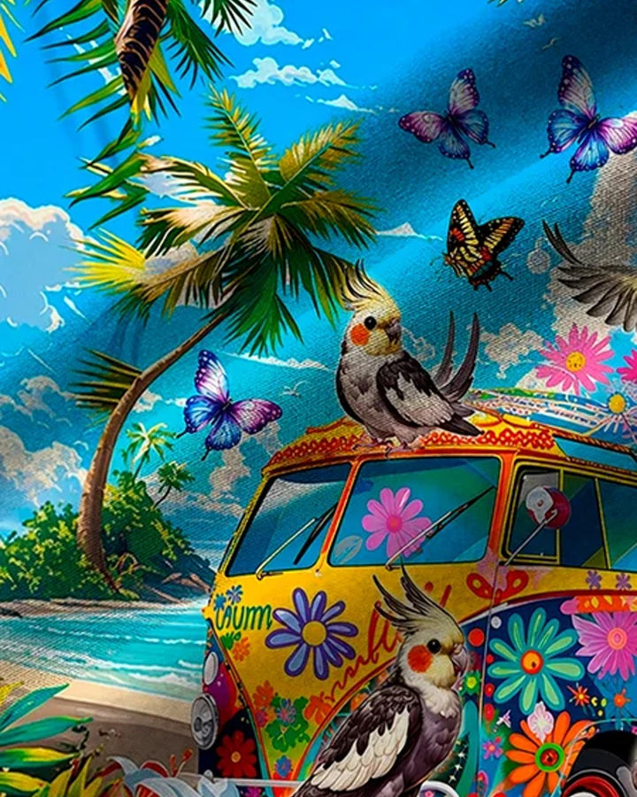 Alohadaddy® Hawaiian Parrot Coconut Tree Tropical Floral Short-Sleeve Shirt