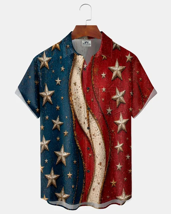 Alohadaddy® Independence Day Retro Flag Print Geometric Short-Sleeve Shirt