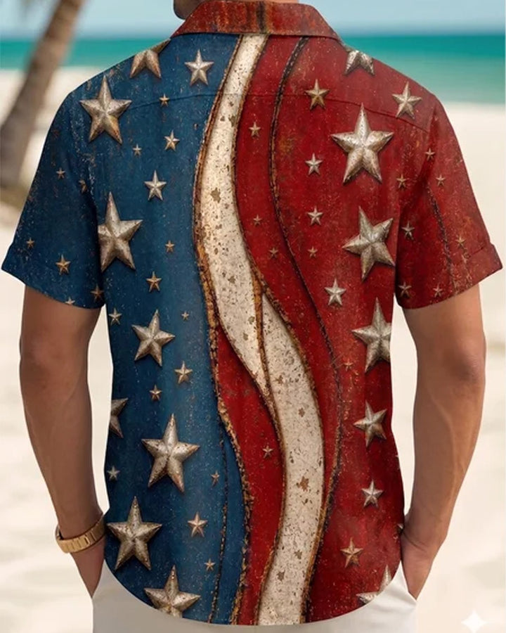 Alohadaddy® Independence Day Retro Flag Print Geometric Short-Sleeve Shirt