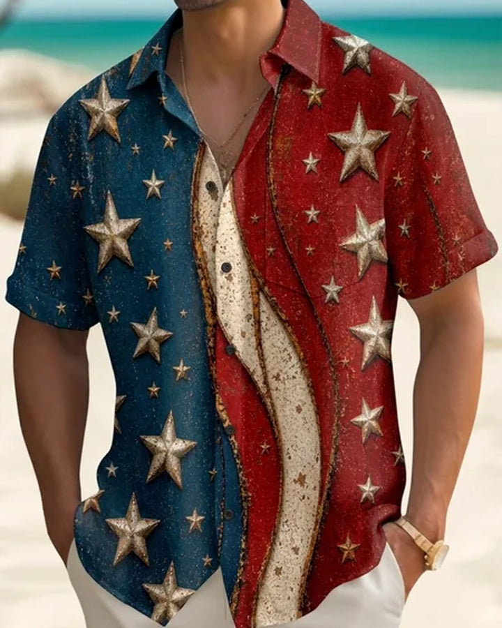 Alohadaddy® Independence Day Retro Flag Print Geometric Short-Sleeve Shirt