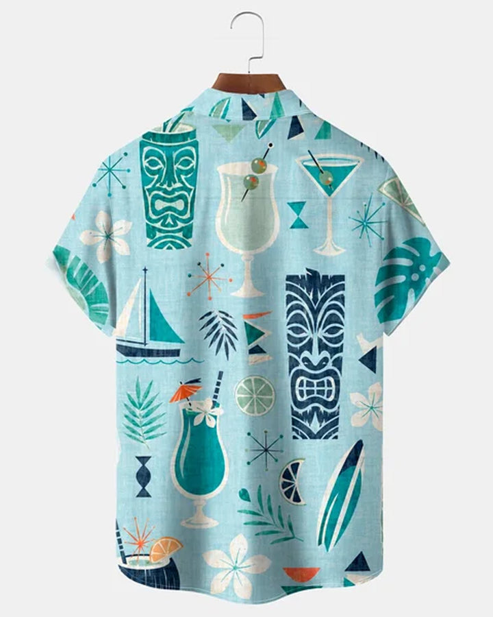 Alohadaddy® Hawaiian Tiki Cocktail Geometric Short-Sleeve Shirt