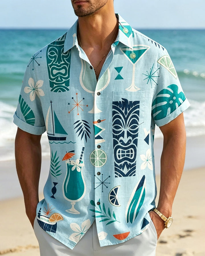 Alohadaddy® Hawaiian Tiki Cocktail Geometric Short-Sleeve Shirt