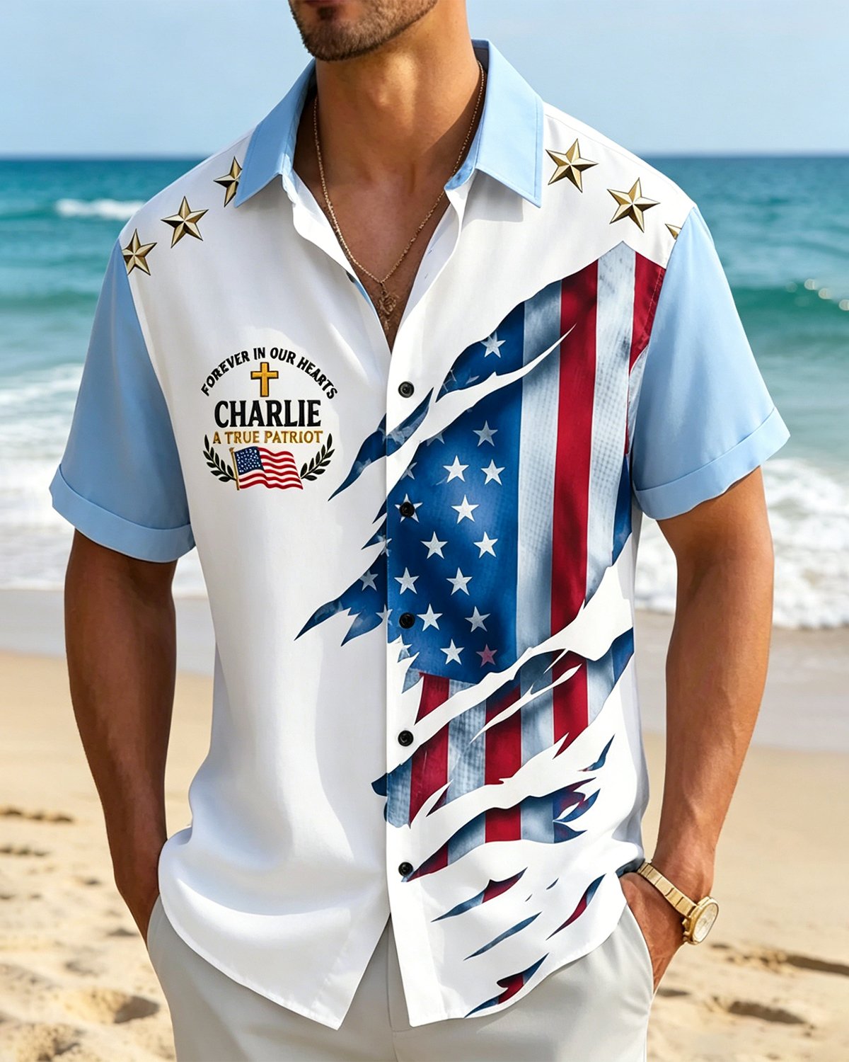 Alohadaddy® Vintage Flag Print Art Button Pocket Cardigan Men's Short Sleeve Shirt