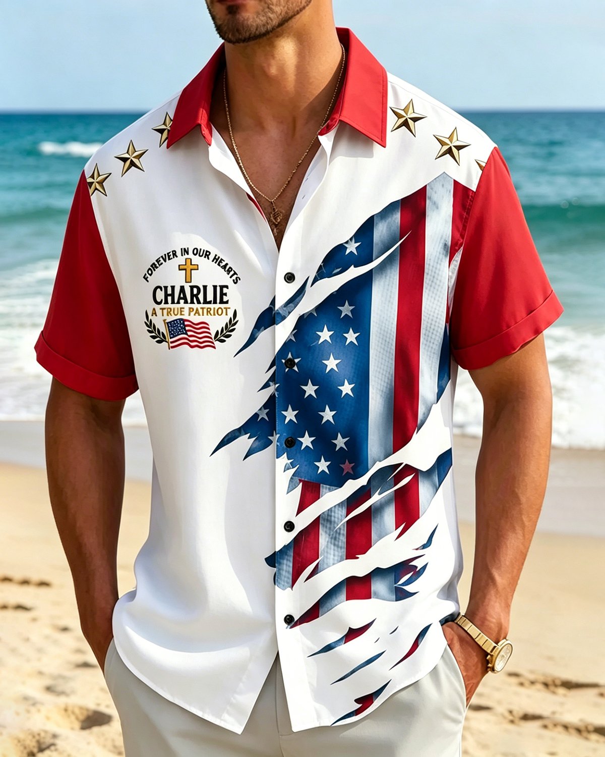 Alohadaddy® Vintage Flag Print Art Button Pocket Cardigan Men's Short Sleeve Shirt