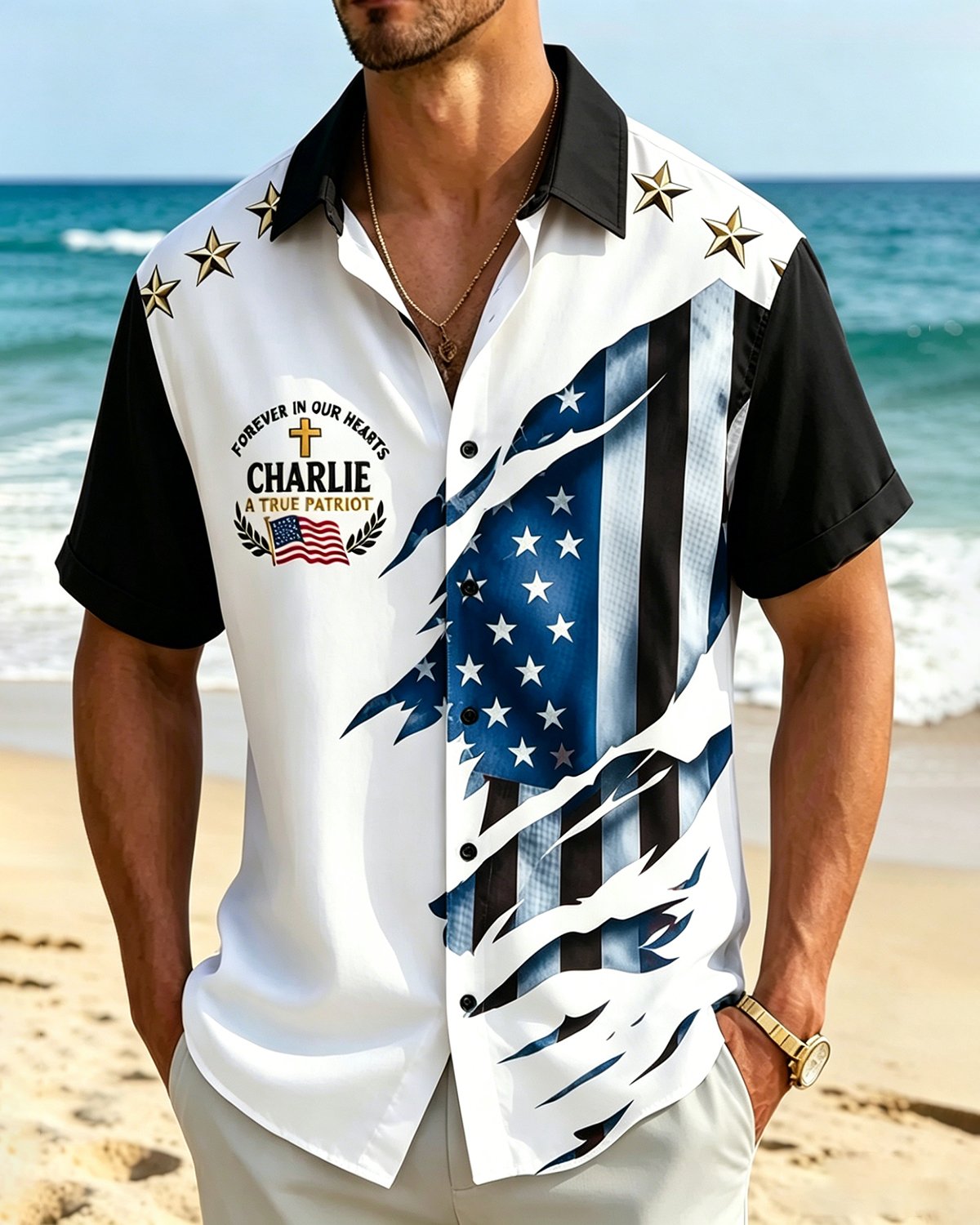 Alohadaddy® Vintage Flag Print Art Button Pocket Cardigan Men's Short Sleeve Shirt