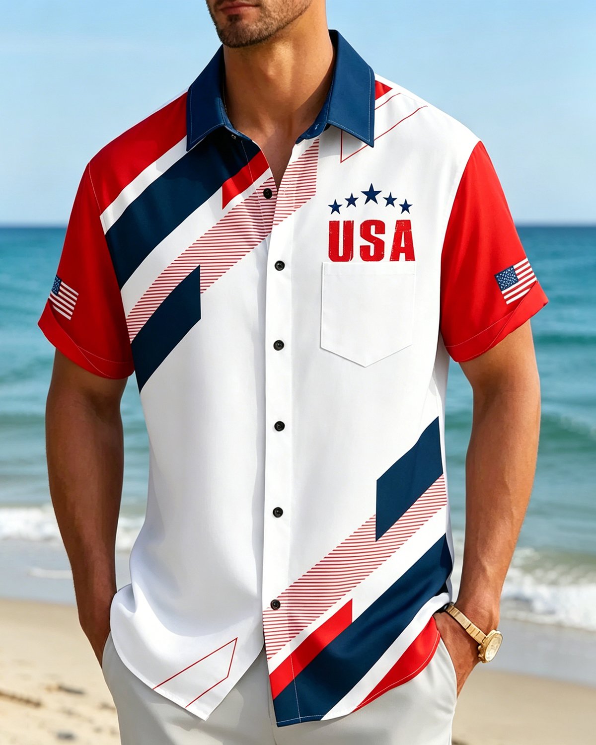 Alohadaddy® Vintage Flag Print Art Button Pocket Cardigan Men's Short Sleeve Shirt