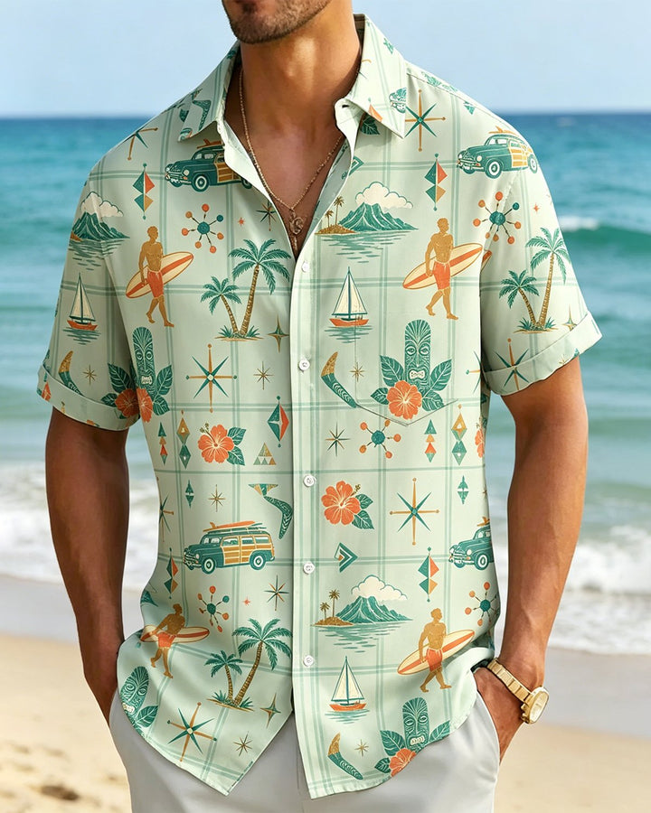 Alohadaddy® Hawaiian Beach Coconut Tree Car Classic Print Short-Sleeve Shirt