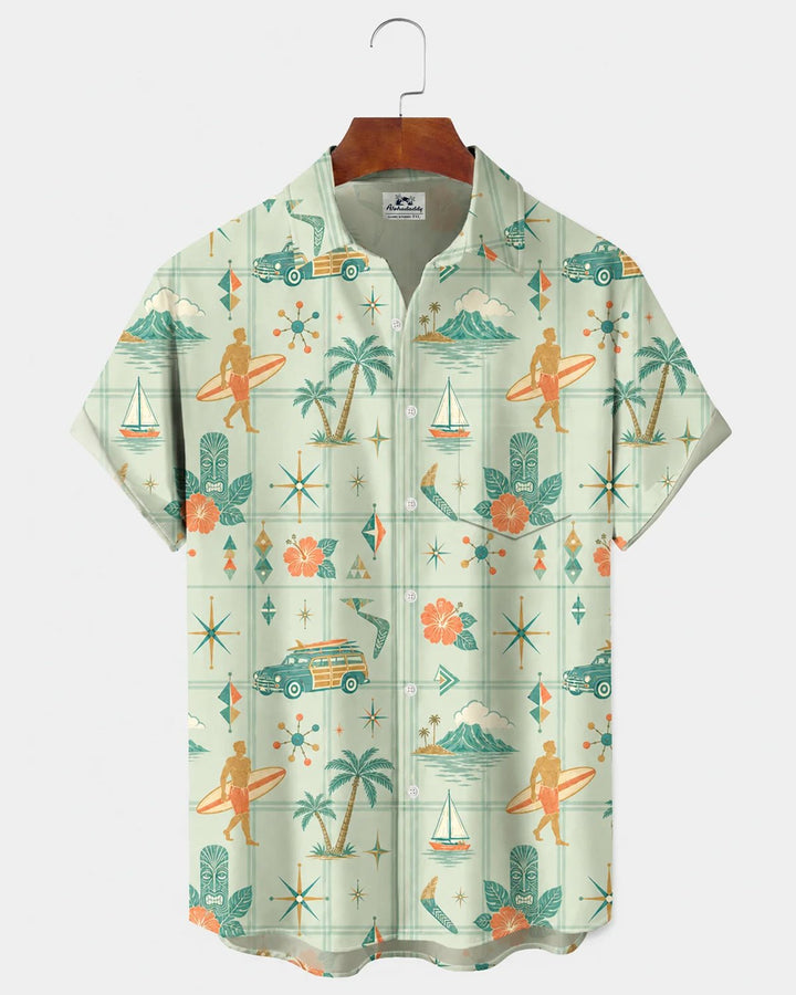 Alohadaddy® Hawaiian Beach Coconut Tree Car Classic Print Short-Sleeve Shirt
