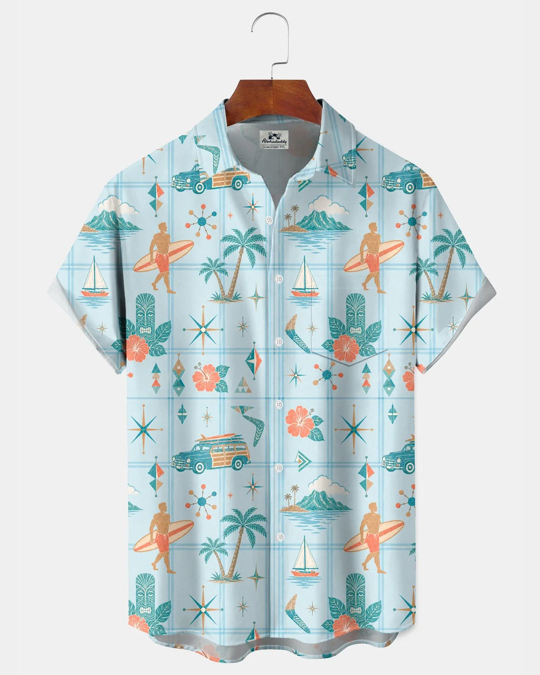 Alohadaddy® Hawaiian Beach Coconut Tree Car Classic Print Short-Sleeve Shirt