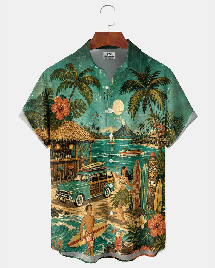 Alohadaddy® Hawaiian Coconut Tree Mid-Century Modern Atomic Print Short-Sleeve Shirt