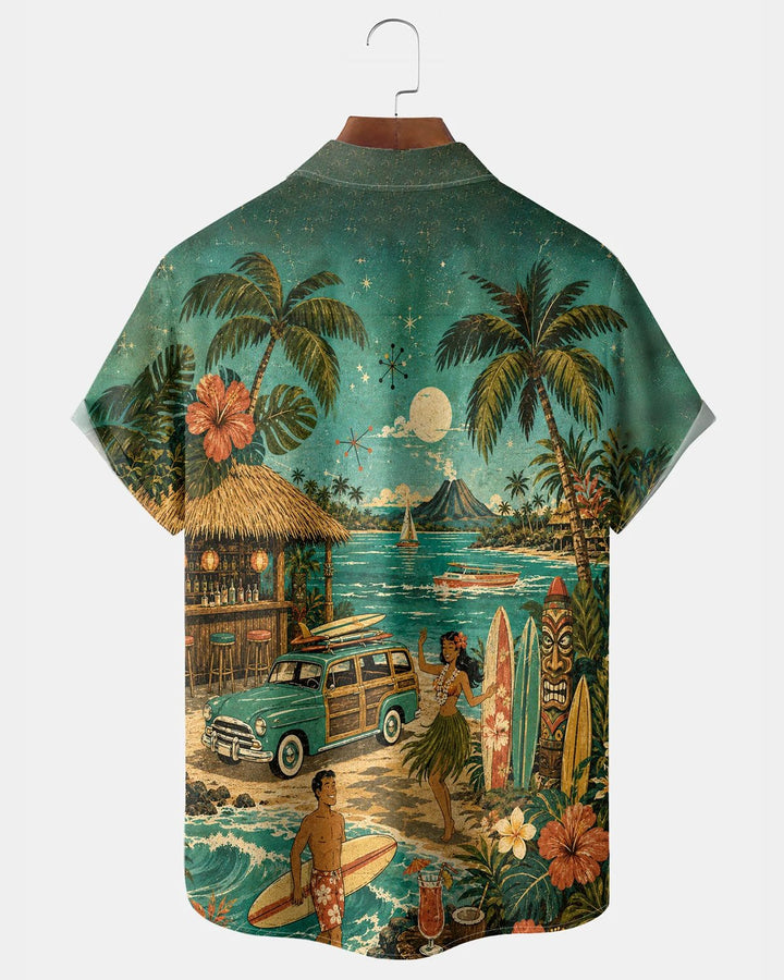 Alohadaddy® Hawaiian Coconut Tree Mid-Century Modern Atomic Print Short-Sleeve Shirt