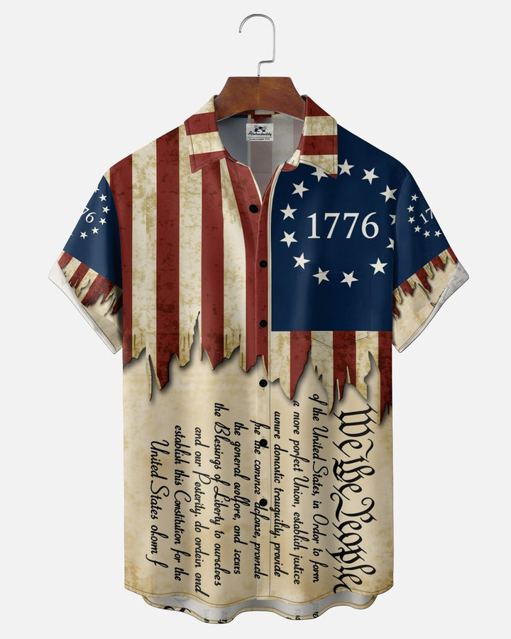 Alohadaddy® Independence Day Flag and Declaration Print Pocket Short-Sleeve Shirt