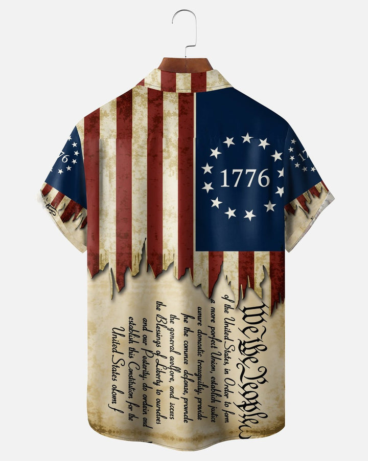 Alohadaddy® Independence Day Flag and Declaration Print Pocket Short-Sleeve Shirt