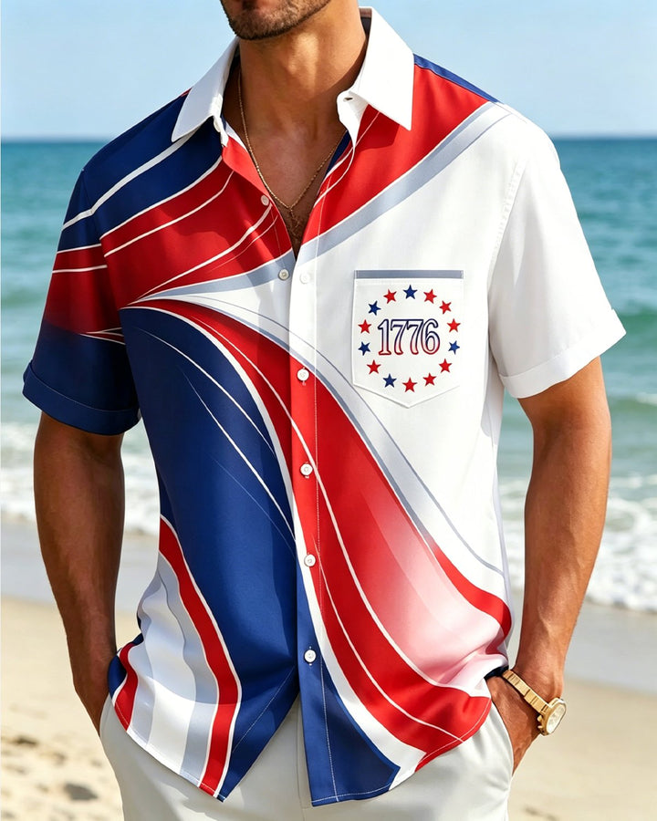 Alohadaddy® U.S. Independence Day Flag Gradient Print Short-Sleeve Pocket Shirt