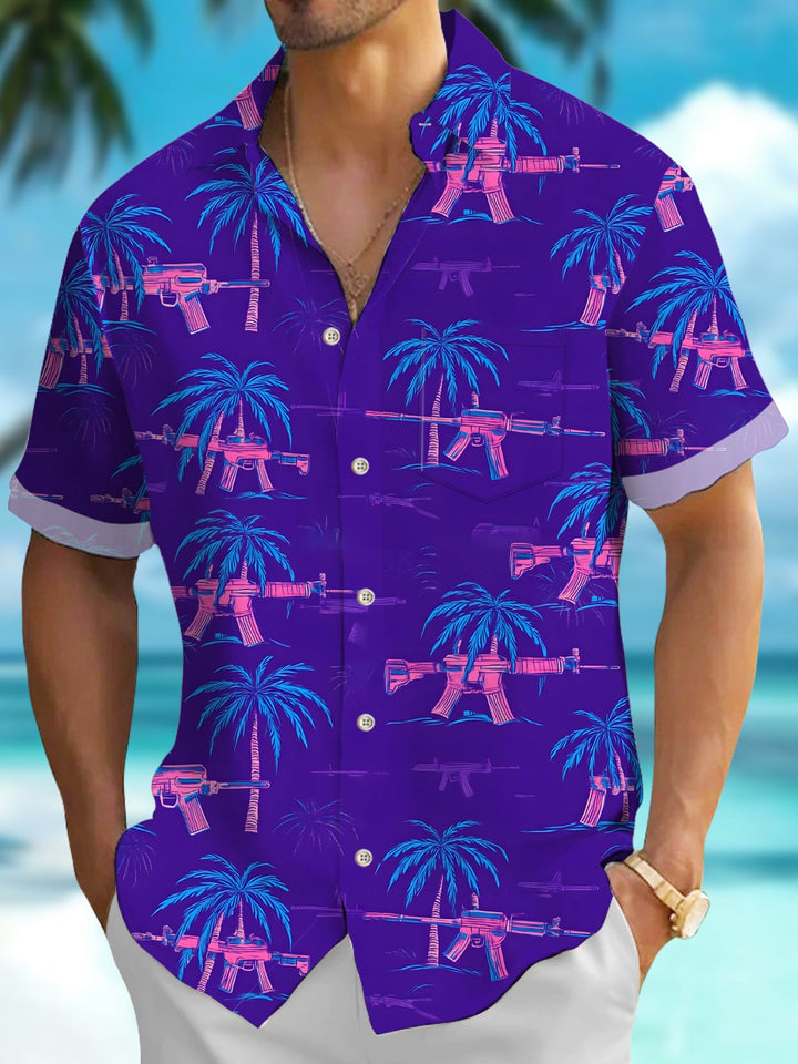 Alohadaddy® Hawaiian Coconut Tree Tropical Pistol Funny Vacation Pocket Shirt