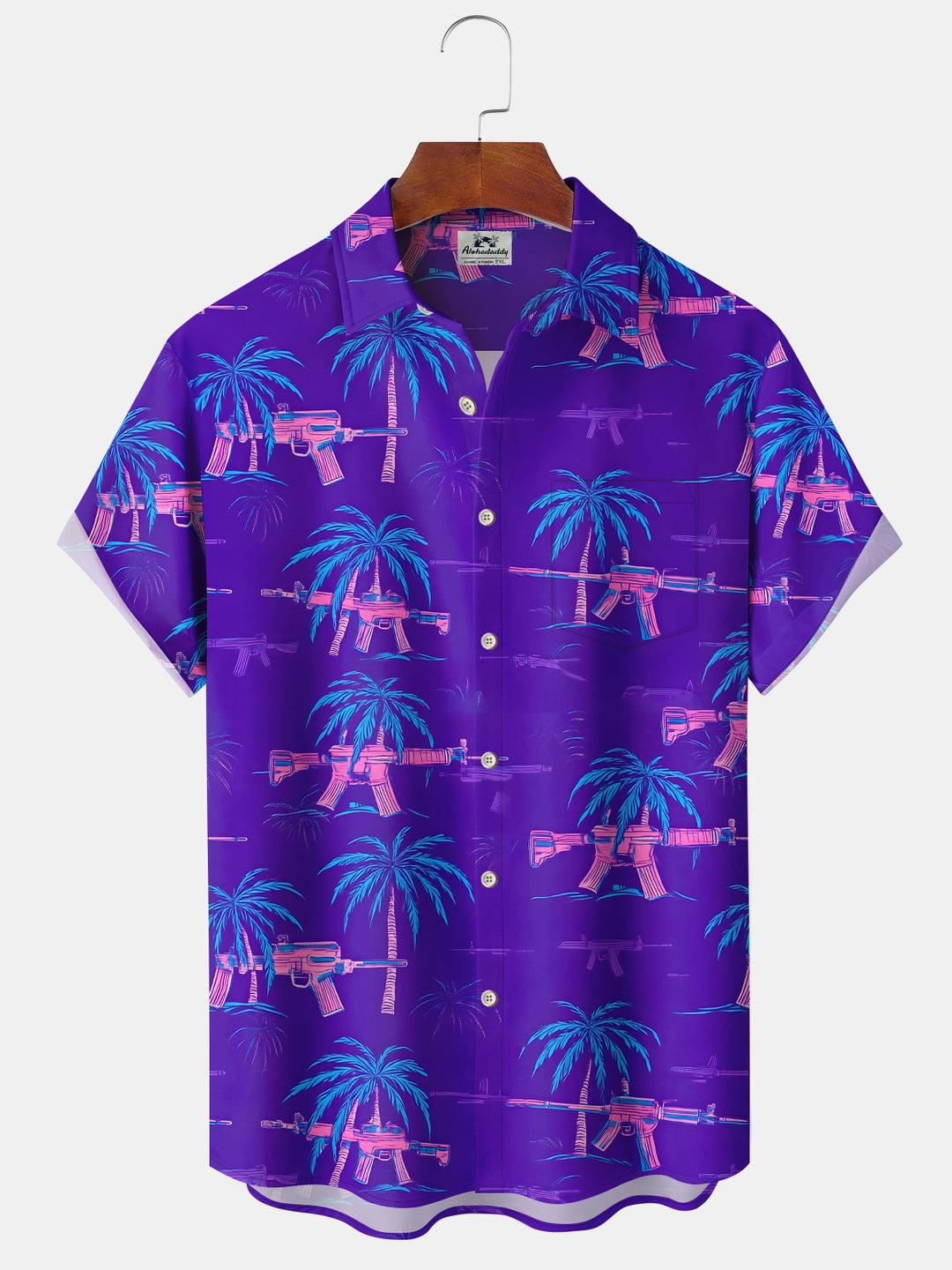 Alohadaddy® Hawaiian Coconut Tree Tropical Pistol Funny Vacation Pocket Shirt