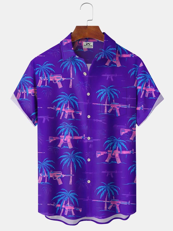 Alohadaddy® Hawaiian Coconut Tree Tropical Pistol Funny Vacation Pocket Shirt