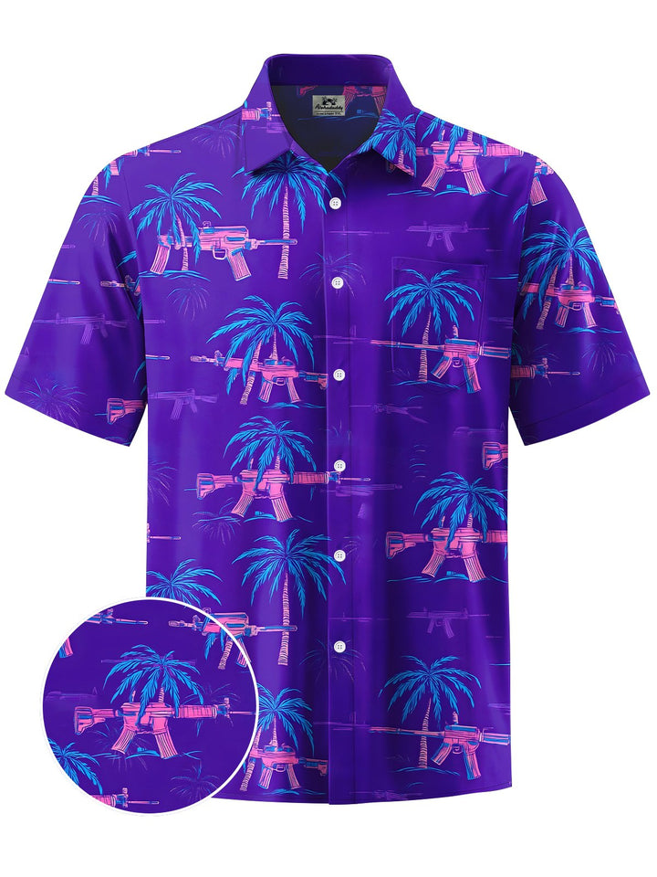 Alohadaddy® Hawaiian Coconut Tree Tropical Pistol Funny Vacation Pocket Shirt