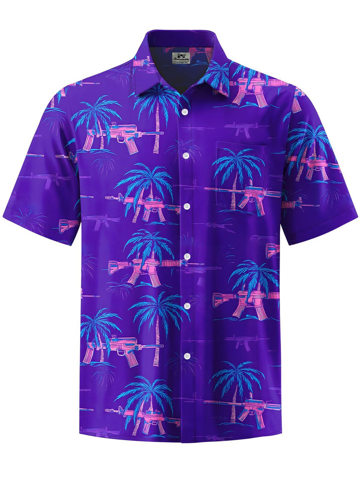 Alohadaddy® Hawaiian Coconut Tree Tropical Pistol Funny Vacation Pocket Shirt
