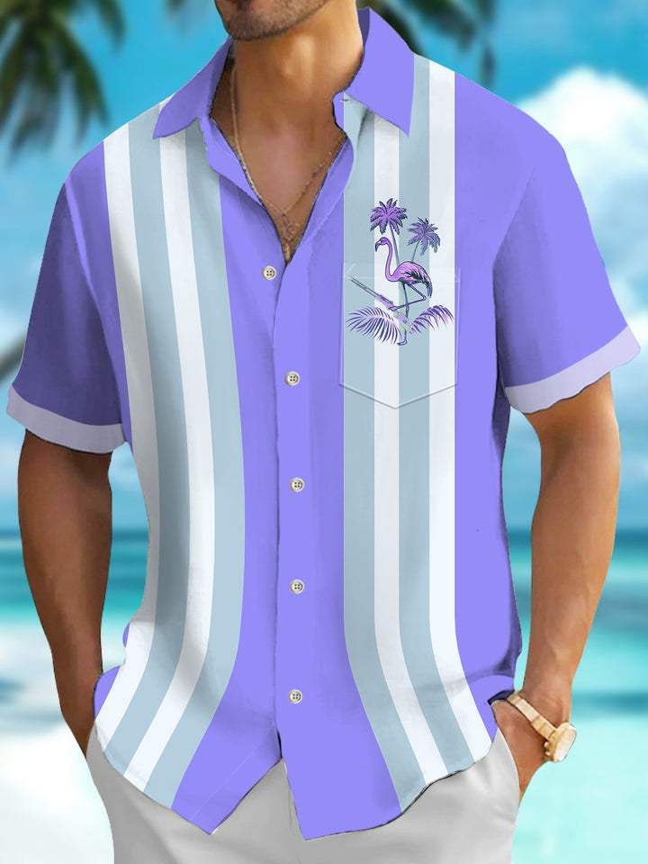 Alohadaddy® Hawaiian Coconut Tree Tropical Flamingo Bowling Pocket Shirt