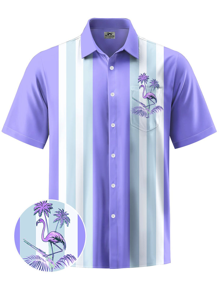 Alohadaddy® Hawaiian Coconut Tree Tropical Flamingo Bowling Pocket Shirt