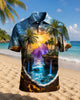 Alohadaddy® Men's Hawaiian Vintage Coconut Tree Beach Scenery Print Short-Sleeve Polo Shirt