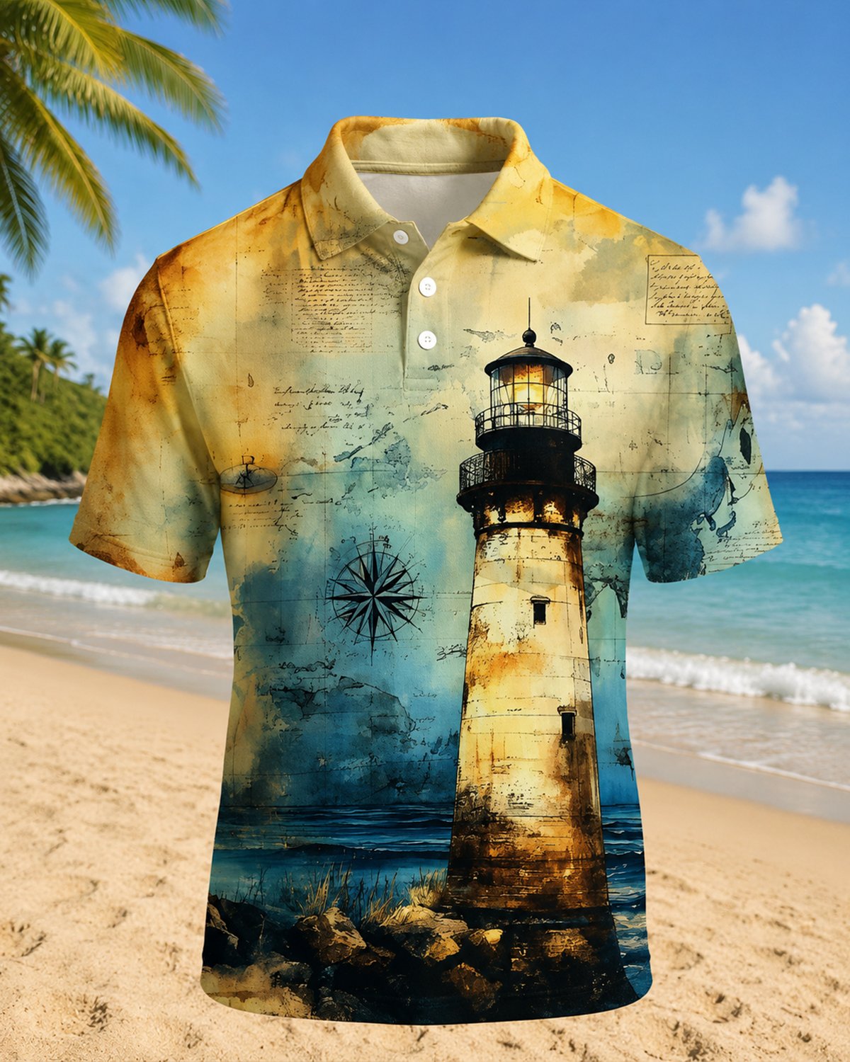 Alohadaddy® Men's Vintage Hawaiian Lighthouse Print Short-Sleeve Polo Shirt