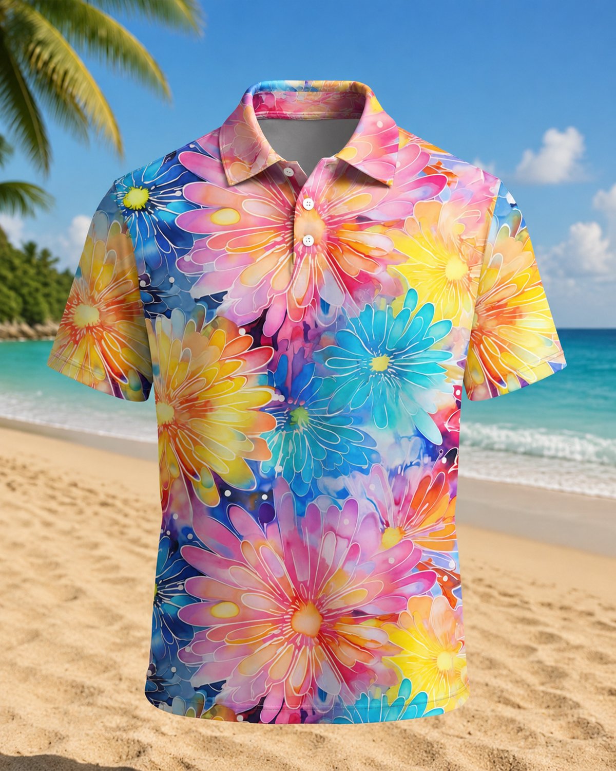 Alohadaddy® Men's Hawaiian Floral Watercolor Print Short-Sleeve Polo Shirt