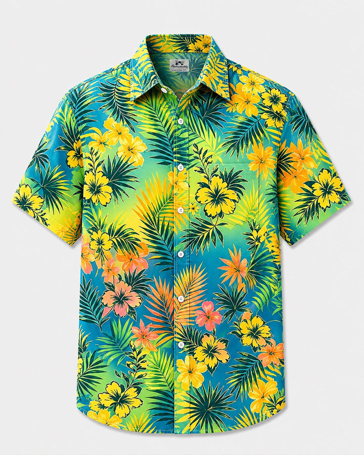 Alohadaddy® Hawaiian Tropical Floral Gradient Leaf Print Short-Sleeve Shirt