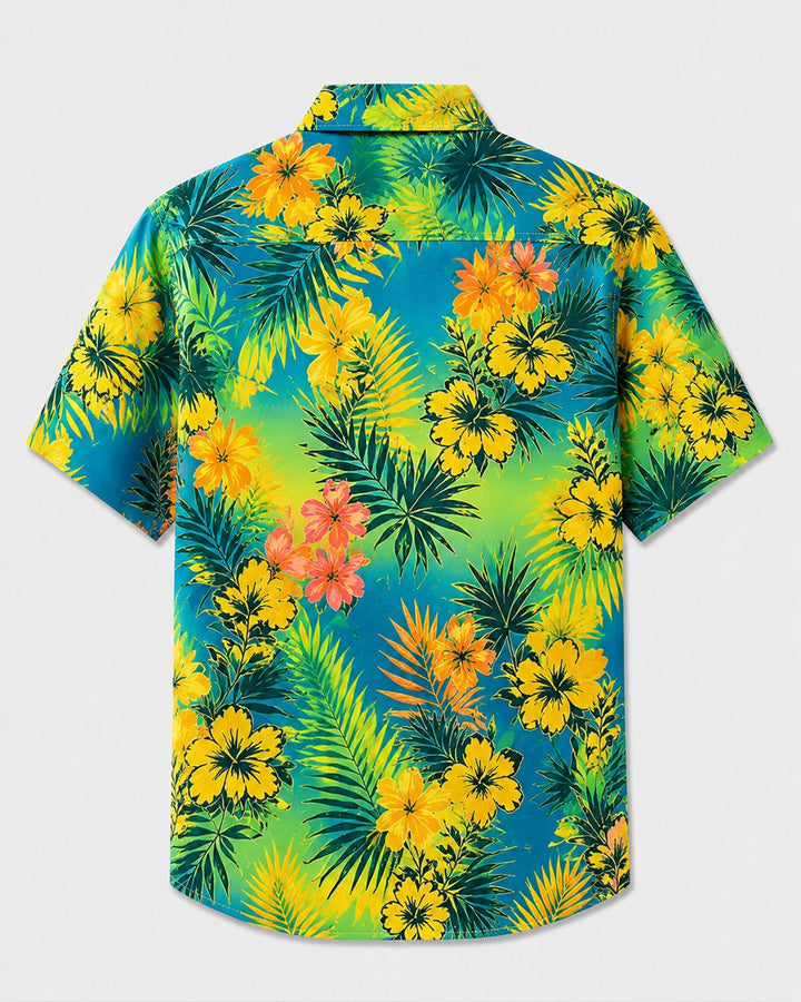 Alohadaddy® Hawaiian Tropical Floral Gradient Leaf Print Short-Sleeve Shirt
