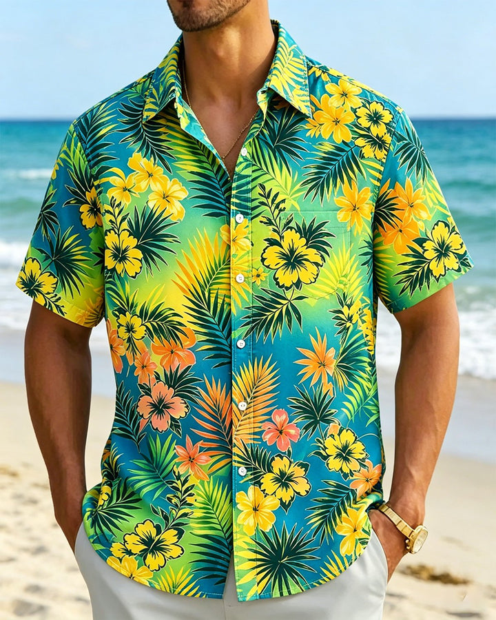 Alohadaddy® Hawaiian Tropical Floral Gradient Leaf Print Short-Sleeve Shirt