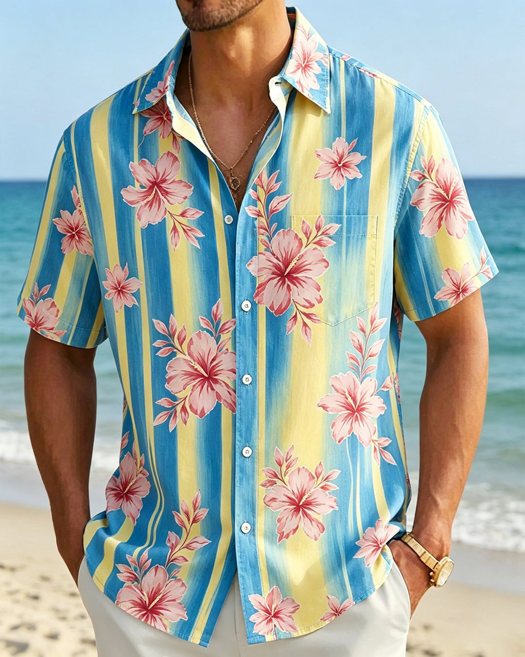 Alohadaddy® Hawaiian Tropical Floral Color-Block Print Short-Sleeve Shirt