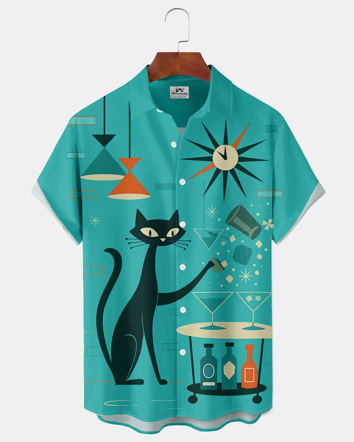 Alohadaddy® Retro Mid-Century Modern Geometric Atomic Cat Short-Sleeve Shirt