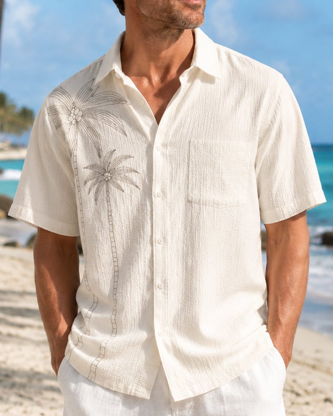 Alohadaddy® Basic Seersucker Wrinkle-Resistant Solid Color Coconut Tree Short-Sleeve Shirt