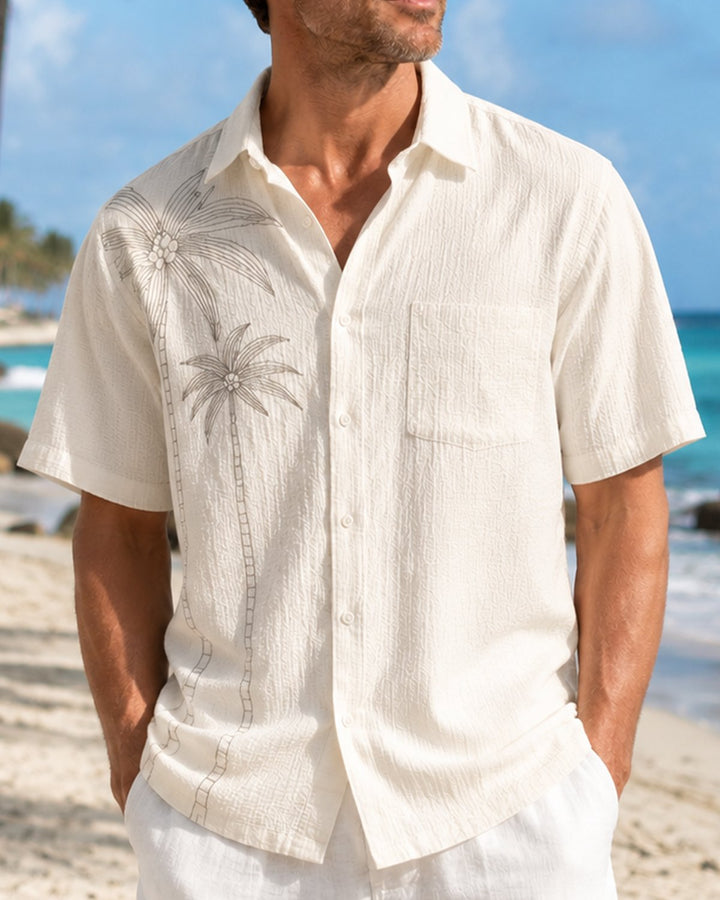 Alohadaddy® Basic Seersucker Wrinkle-Resistant Solid Color Coconut Tree Short-Sleeve Shirt
