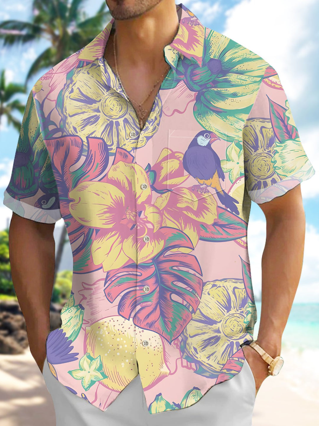 Alohadaddy® Hawaiian Tropical Floral Hibiscus Print Pocket Stretch Shirt
