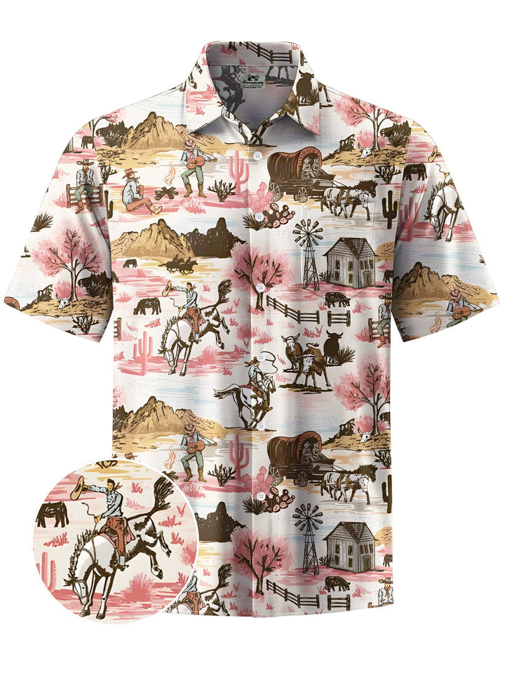 Alohadaddy® Vintage Western Cowboy Horse Cactus Pocket Stretch Shirt